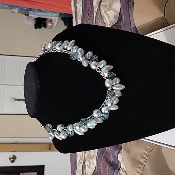Vintage layered silver Blue beaded and pearl adjustable choker necklace - Picture 3 of 8